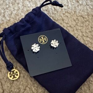 Tory Burch Silver Logo Stud Earrings with Navy Pouch